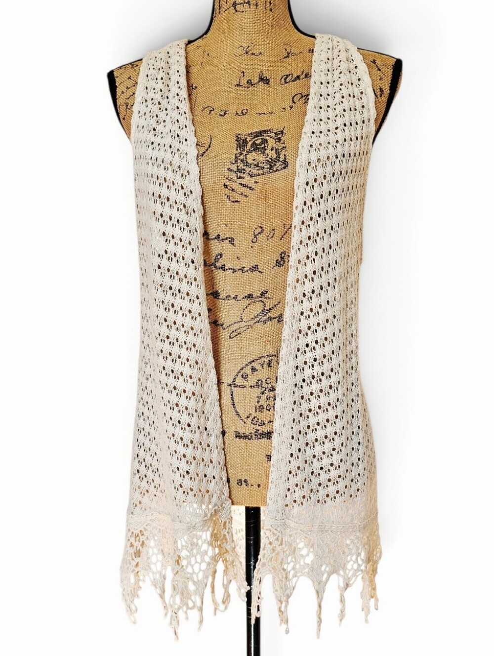 Monteau Hippie Boho Crochet Open Front Ivory Fringe Longline Vest , Size L